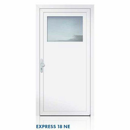 Weiße Haustür mit Fenster, Sicherheits-Tür Eine weiße Haustür mit einem kleinen Fenster im oberen Bereich. Die Tür hat einen modernen, minimalistischen Stil und verfügt über eine Sicherheitsfunktion. Die Tür ist ideal für den Einsatz an Eingängen von Häusern oder Wohnungen.