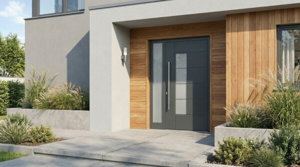 Moderne Haustür mit Holzverkleidung und großem Fenster Eine moderne Haustür mit einer Kombination aus Holz und Glas, umgeben von einer eleganten Fassade und einer kleinen Gartenanlage. Die Tür ist dunkelgrau mit langen Metallgriffen.