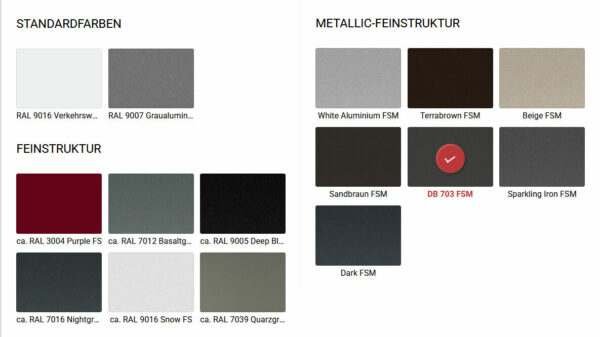 Übersicht über verschiedene Farboptionen für Haustüren und Fenster, einschließlich Standardfarben, Feinstrukturen und Metallic-Feinstrukturen.