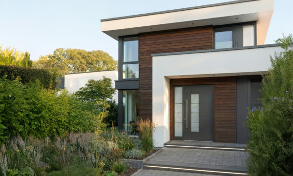 Moderne Haustür mit großen Fenstern und Holzverkleidung Ein modernes Haus mit einer dunklen Haustür, großen Fenstern und einer Holzverkleidung an der Fassade. Der Eingang ist von einem kleinen Garten umgeben.